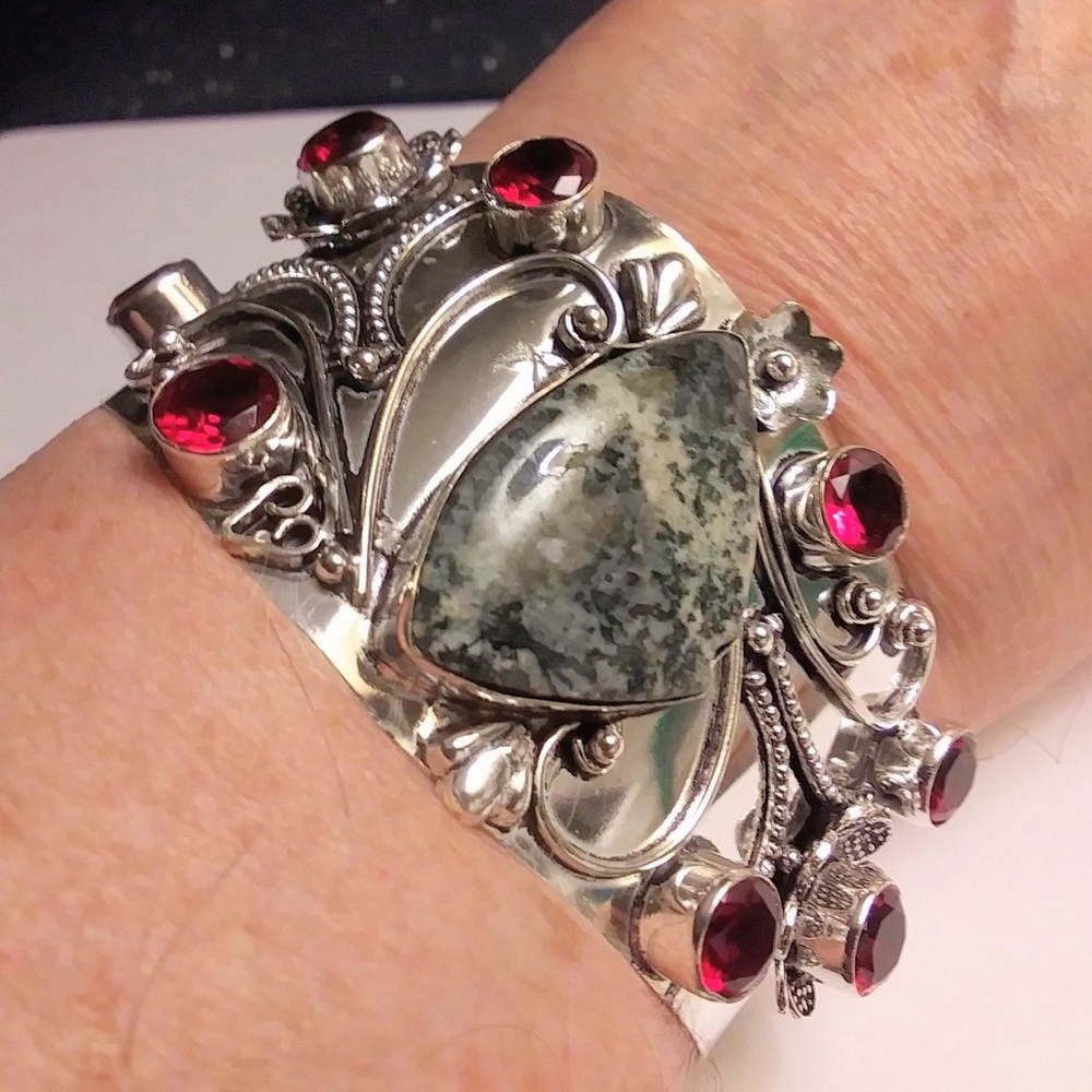 Garnet Dendritic Opal 925 Sterling Silver Cuff Bracelet